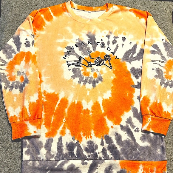 Orange and Gray Tie-Dye Sweatshirt S Skeleton Have a Nice Day men’s women’s - Picture 1 of 8